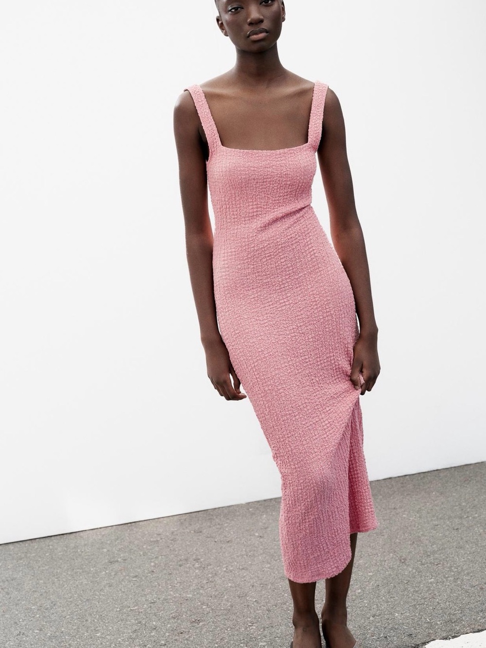 Zara Pink Textured Square-Neck Midi Dress